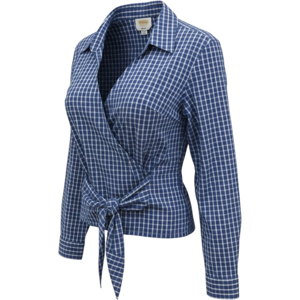 Talbots Stretch Blue White Gingham Wrap Blouse Side Tie Long Sleeve Top Size 16